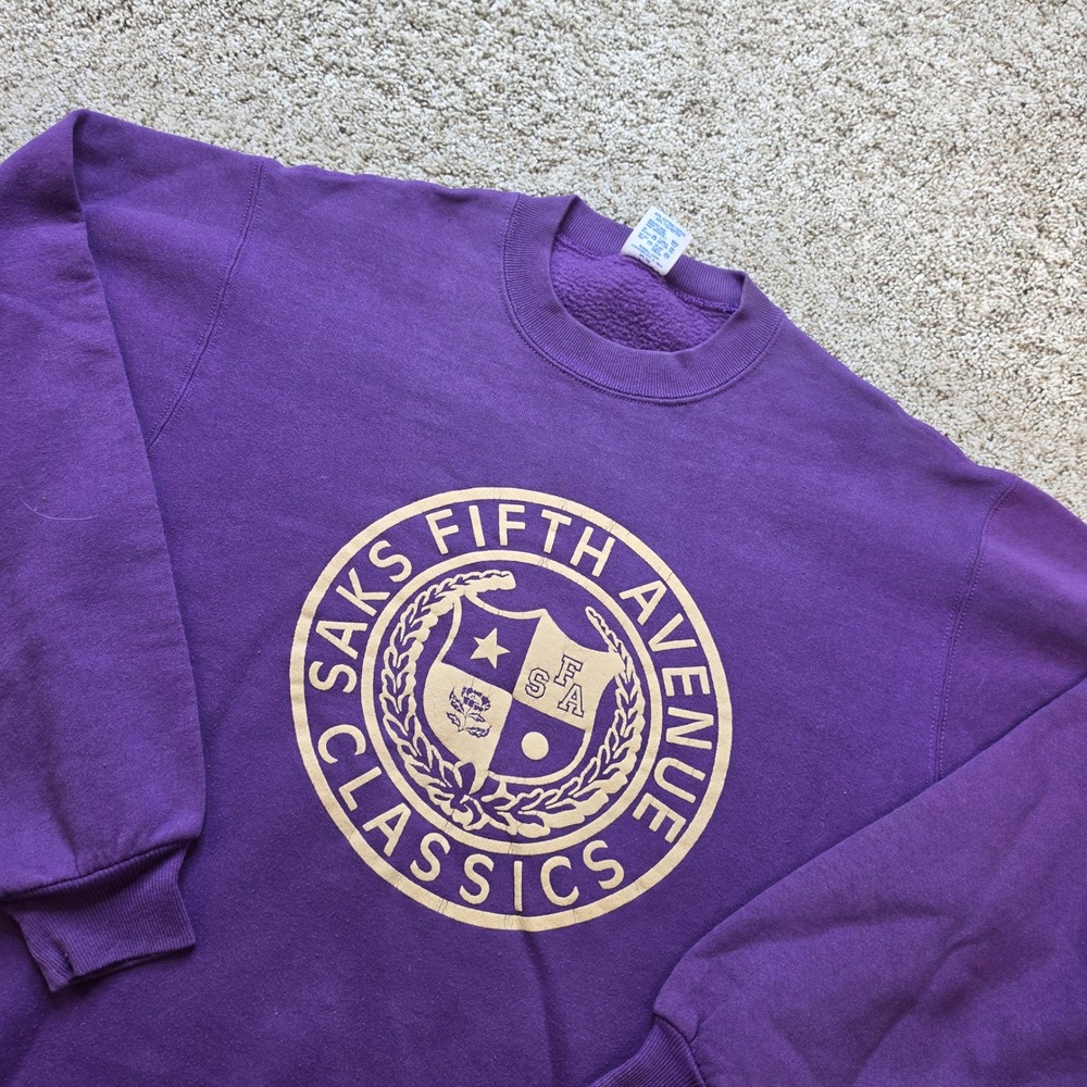 VINTAGE Jerzees Saks Fifth Avenue Mens M Purple Crest Sweatshirt Preppy 90s USA